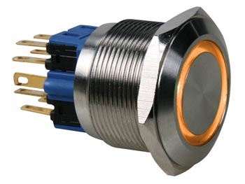 BOUTON-POUSSOIR - PLAT - ACIER INOXYDABLE - DPST 1NO 1NF - ANNEAU ORANGE