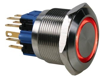 BOUTON-POUSSOIR - PLAT - ACIER INOXYDABLE - DPST 1NO 1NF - ANNEAU ROUGE