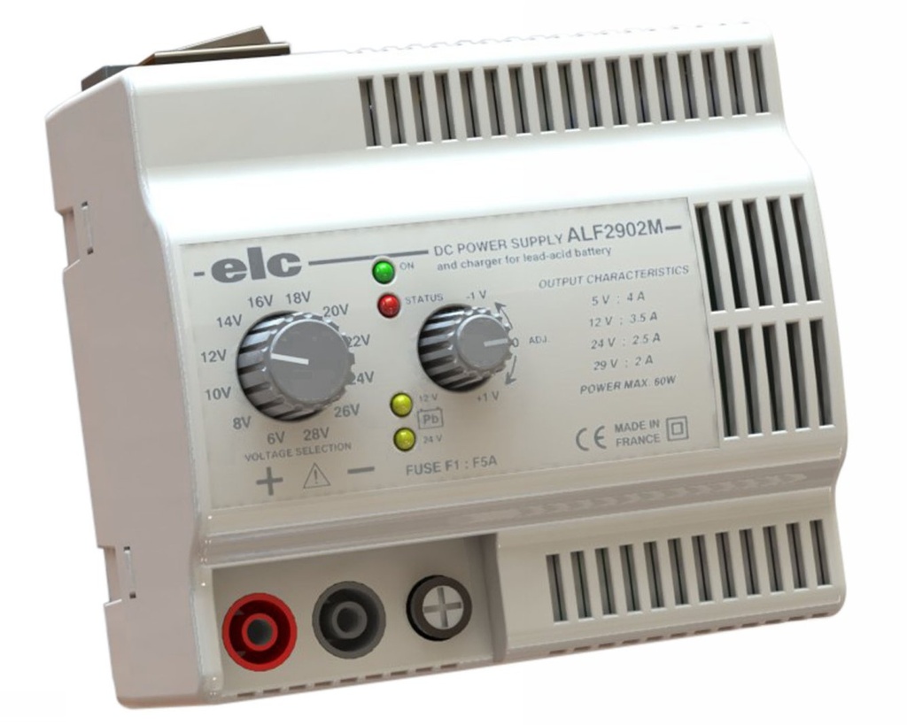 Alimentation à découpage stabilisée de laboratoire ajustable de 5 à 29V 60W et chargeur de batterie plomb 12 ou 24V Bouton marche / arrêt. Cordon secteur amovible sortie fiches bananes