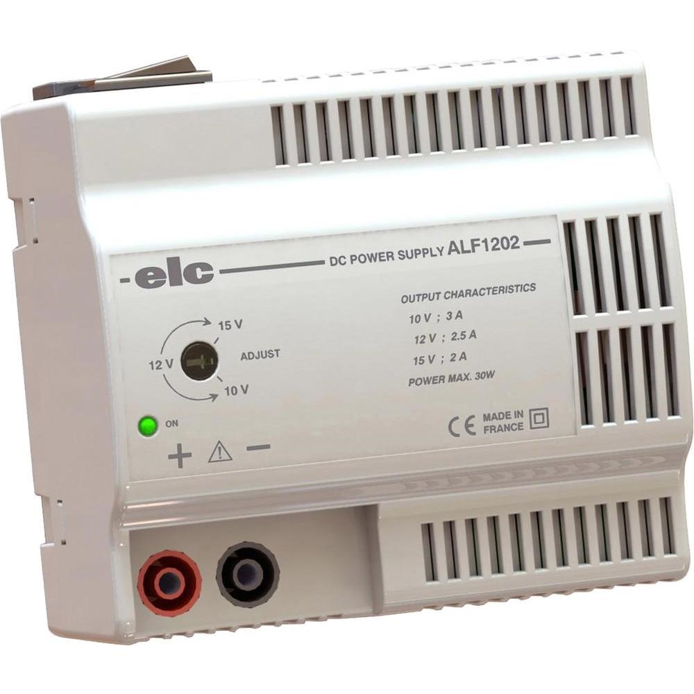 Alimentation stabilisée de laboratoire 12V 2,5A ajustable 10 à 15V. Bouton marche / arrêt. Cordon secteur amovible sortie fiches bananes