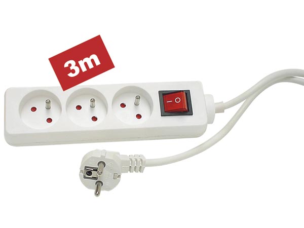 BLOC MULTIPRISE - 3 PRISES - AVEC INTERRUPTEUR - CÂBLE DE 3 m - BLANC - TERRE FRANÇAISE