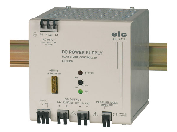 Alimentation à découpage stabilisée 24V 12A5 (ajustable 20 à 30V), primaire 190V à 440V ; fixation sur rail DIN de série