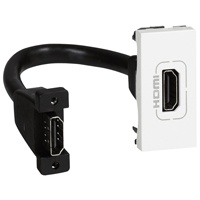 Prise HDMI typeA version 2.0 préconnectorisée avec un cordon longueur 15cm et 2 connecteurs femelle Mosaic 1 module - blanc RAL9003 finition brillante - à équiper d'un support et d'une plaque Mosaic - installation en encastré ou en saillie