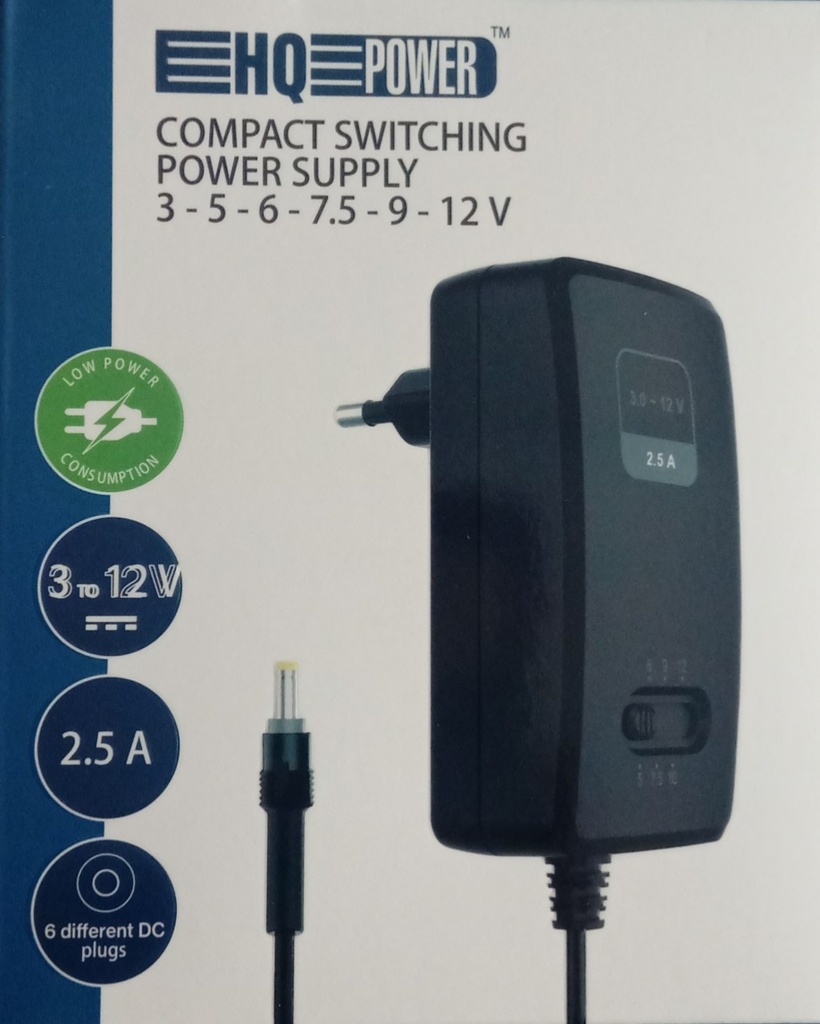 ALIMENTATION COMPACTE À DÉCOUPAGE AVEC SORTIE RÉGLABLE - 100-240 V - de 3 à 12 VCC - 2.5 A + 6 fiches