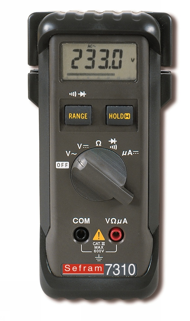 Multimètre numérique de poche 3200 points et bargraph. UDC/AC 600V, I 3000µA DC. Résistance 30Mohms. Livré avec un jeu de cordon