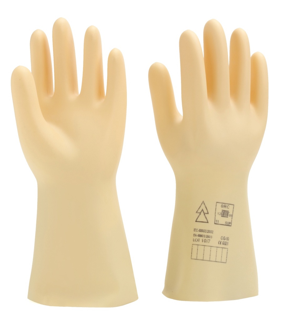 Gants isolants latex naturel classe 0 (1000 VAC - 1500 VDC) T 10. Conforme à la norme EN 60903: 2003 (IEC 60903 : 2014). Finition Wellfit pr une meilleure dextérité. QR code pr lecture rapport de test. Accessoire: Sur-gants  CG-981-10.