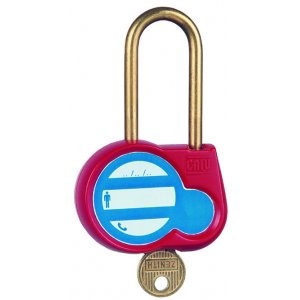 Cadenas de consignation en laiton (anti-corrosion) avec coques en plastique rouge. Anse Ø 6 mm/ H 50 mm. Clé aléatoire. Marquage : recto : "Appareil condamné - Défense de manuvrer"/ verso : coordonnées de lutilisateur à remplir.