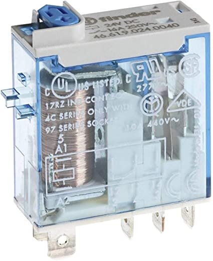 Relais miniature 1RT 16A 24V DC, matériau des contacts AgNi, raccordement par Faston 187, avec indicateur mécanique, bouton test verrouillable et double LED (DC non polarisé)