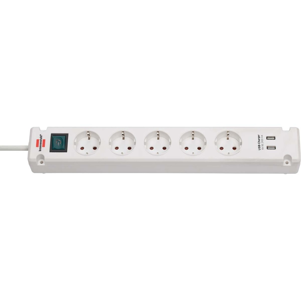 Multiprise Bremounta 5 prises avec 2 prises de charge USB blanc 3,00 m H05VV-F 3G1.5 TYPE F