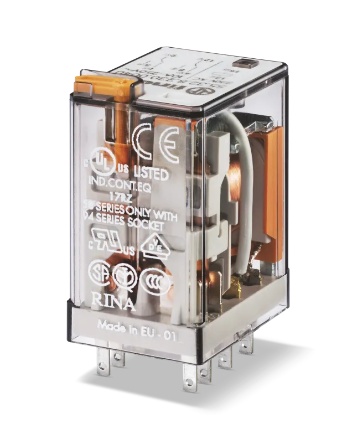 Relais industriel, 2RT 10A 12V DC, matériau des contacts AgNi, avec bouton test + LED + diode et indicateur mécanique, embrochab