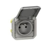 Prise de courant 2P+T étanche Plexo 16A 250V IP55 IK08 à équiper de support plaque ou boîtier saillie, avec enjoliveur gris