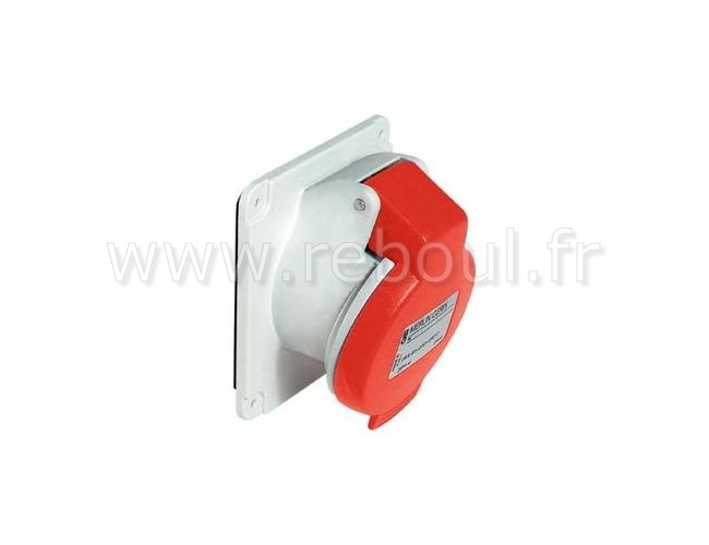Mureva - prise industrielle basse tension inclinée - 16A - 380...415 V - CA - 3P+N+T - 50/60 Hz - IEC 60309-1&2 - vis imperdables - IP44 - IK08 - 850°C - 90 x 100 mm - Socle gris ( RAL 7035 ) - Capot (tension) rouge