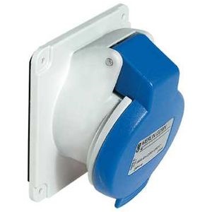 Mureva - prise industrielle basse tension inclinée - 16A - 200...250 V - CA - 2P+T - 50/60 Hz - IEC 60309-1&2 - vis imperdables - IP44 - IK08 - 850°C - 65 x 85 mm - Socle gris ( RAL 7035 ) - Capot (tension) bleu