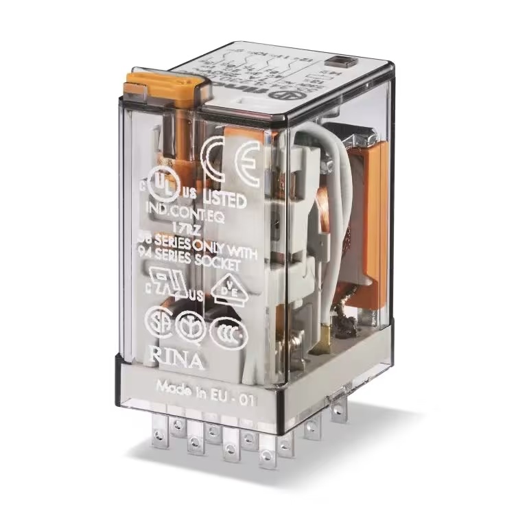 Relais industriel, 4RT 7A 24V DC, matériau des contacts AgNi, avec bouton test + LED + diode et indicateur mécanique, embrochable sur support série 94