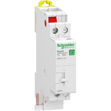 Resi9 TL - télérupteur - 1F - Contact auxiliare : sans - 250 V CA 50 Hz - Commande à distance : bouton-poussoir lumineux 3mA - NF - Largeur : 2 pas de 9 mm - blanc RAL 9003 - IP20