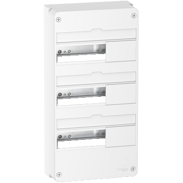 Resi9 - coffret en saillie - 3 rangées de 13 modules - In 90 A - Collecteurs de terre 2 x 15 trous | Borniers Phase 7 trous + Neutre 7 trous - IP30 sans porte - IP40 avec porte - IK08 - H x L x P (mm) 500 x 252 x 108 - Blanc RAL 9003