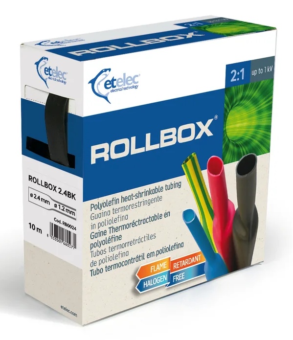 Gaine thermorétractable, rétreint 2:1, distributeur de 1,5m, diam. 25,4, vert/jaune. Polyoléfine réticulée, RoHS 2, sans halogène, UL224, résiste aux UV.