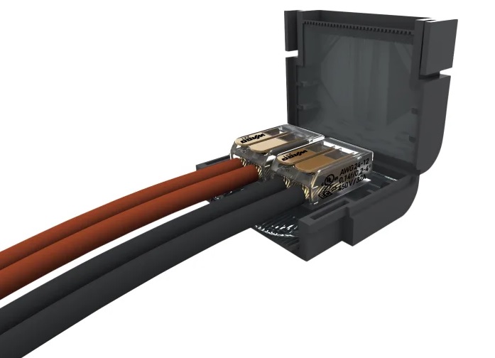 Mini boite de jonction extra-plate 0,6kV, 32A IPX8, avec gel isolant et borne à leviers. Blister de 1 boite 2 bornes à 2 entrées pour câble rigide et souple de 0,2-4,0mm²