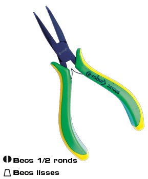 Pince électronique à becs 1/2 ronds. Manches bimatière confortables et antidérapants. Outil en acier allié entièrement trempés. Maillure entrepassée. Finition polie noire brillante.