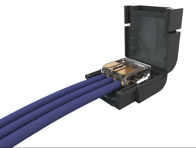 Mini boite de jonction extra-plate 0,6kV, 32A IPX8, avec gel isolant et borne à leviers. Blister de 1 boite 1 borne à 3 entrées 
