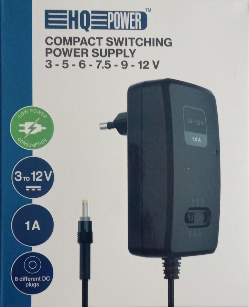 PSS6EMV25 ALIMENTATION COMPACTE À DÉCOUPAGE AVEC SORTIE RÉGLABLE - 100-240 V - de 3 à 12 VCC - 1 A + 6 fiches