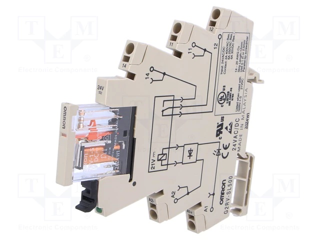 Relais compact 6 mm avec fiche, SPDT, 6 A, borniers enfichables, 24 V c.a./c.c.
