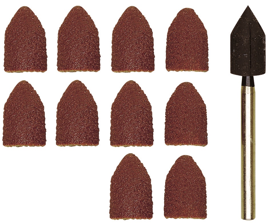 Papier émeri forme capuchon Ø 9 mm - grain 80 et 150, chaque 5 pièces + 1 tige