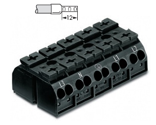 Bornes de raccordement pour 4 conducteurs + terre terre-N-L1-L2-L3 (boîtage de 200 pcs impératifs, PU) 
