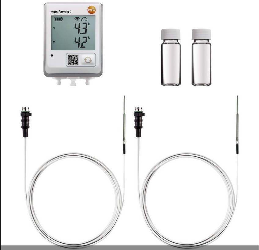 Set testo Saveris 2-T2 avec 1 enregistreur, 2 sondes de temp. CTN et 2 flacons pour glycol