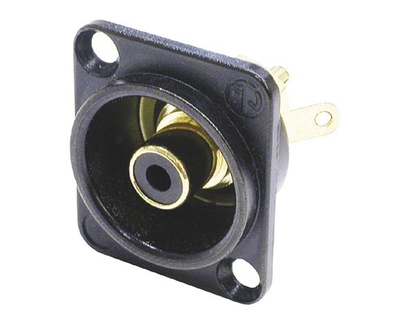 NEUTRIK - SOCLE RCA DANS CHÂSSIS TYPE D CHROMÉ NOIR, ANNEAU DE REPÉRAGE NOIR