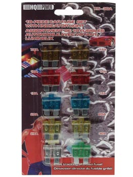 ASSORTIMENT DE 10 FUSIBLES AUTOMOBILE AVEC VOYANT LUMINEUX (7.5 - 30A)